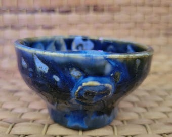 Handmade Charcoal Fired Korean Tea Cup with Blue Oribe Glaze