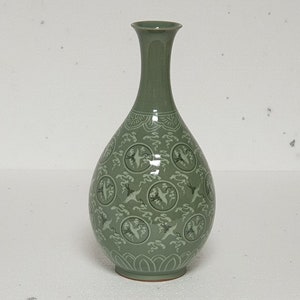 Handmade Korean Ceramic Inlaid Celadon (상감 청자) Joo Byung (주병) Bottle - Cranes and Clouds, Goryeo, Traditional, Home Decor