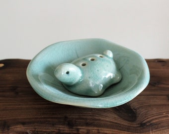 Handmade Korean Celadon Ceramic Incense Holder, Burner, Plate Set - Turtle