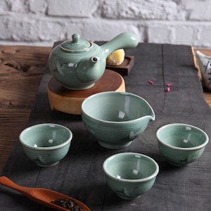 Handmade Korean Celadon Tea Set for 3 with Gift Box - Clouds and Cranes, Kyusu Teapot, Gong Fu Cha, Ceramic