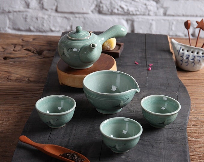 Featured listing image: Handmade Korean Celadon Tea Set for 3 with Gift Box - Clouds and Cranes, Kyusu Teapot