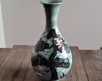 Handmade Korean Inlaid Celadon Jubyeong Jar | Dark Goryeo Style Vase with Cranes & Pine Tree by Woo Jong Il | Authentic Korean Pottery Art