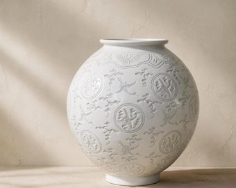 Korean Moon Jar with Engraved Cranes and Clouds, Traditional White Porcelain Vase, Wunhak Dalhangari