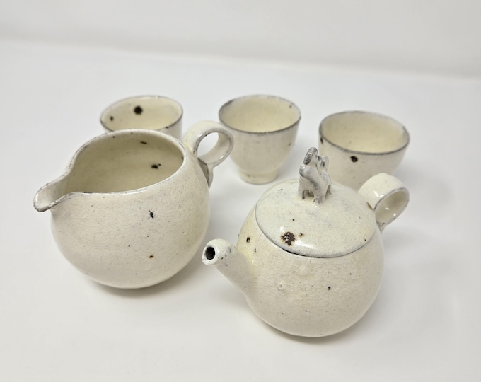Featured listing image: Handmade Charcoal-Fired Korean Dumbung Buncheong Teaset for 3, Teapot, Fair Cup, Teacups, Gong Fu Cha, Tea Ceremony, Tea Set