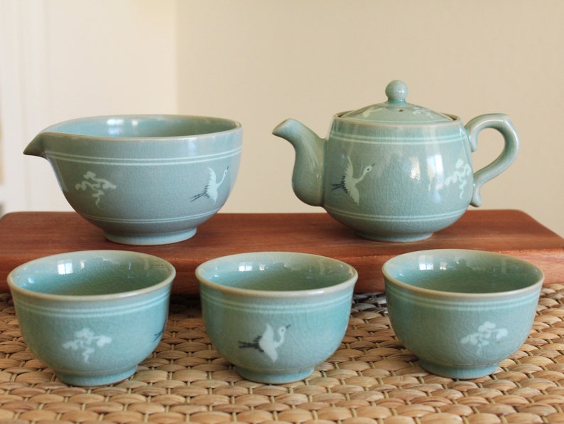 Handmade Korean Celadon Tea Set for 3 With Gift Box Clouds Etsy