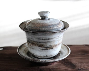 Handmade Wood-Fired Korean Gwiyal (Hakeme) Buncheong Gaiwan Teapot