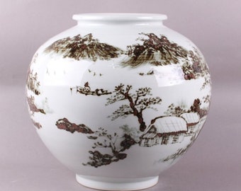 Handmade Korean Baekja Porcelain Moon Jar with Chul Hwa Landscape Painting