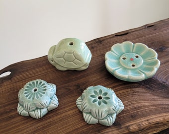 Handmade Korean Celadon Ceramic Incense Holder, Burner, Plate Set - Chrysanthemum, Wild Flower, Turtle, and Lotus Seedpod