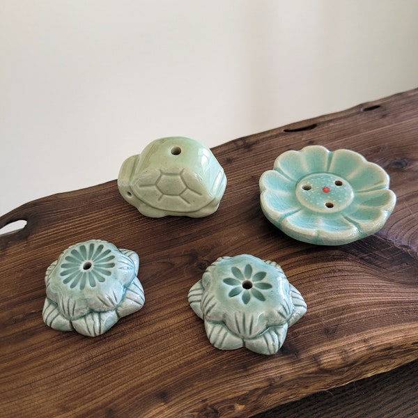 Handmade Korean Celadon Ceramic Incense Holder, Burner, Plate Set - Chrysanthemum, Wild Flower, Turtle, and Lotus Seedpod