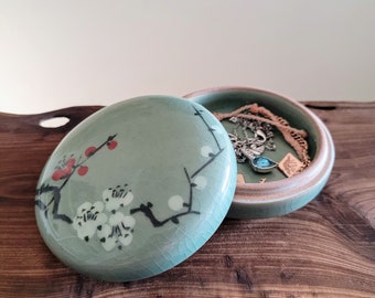 Handmade Traditional Korean Celadon Ceramic Case for Jewelry or Incense - Plum Blossoms