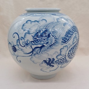 Handmade Korean Baekja Porcelain Moon Jar with Chung Hwa Dragon Painting, Year of Blue Dragon