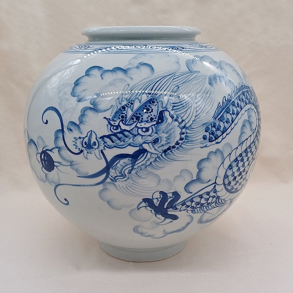 Handmade Korean Porcelain Moon Jar: Blue Dragon Painting, Baekja