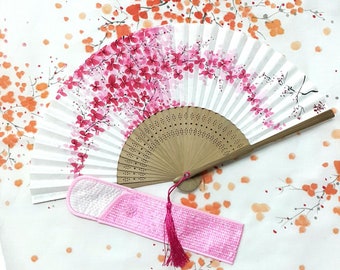 Traditional Korean Hand-Painted Hanji Bamboo Hand Fan with Cherry Blossoms