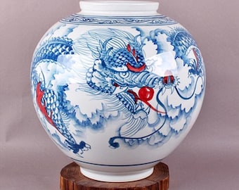Handmade Korean Baekja Porcelain Moon Jar with Chung Hwa Dragon Painting, Year of Blue Dragon