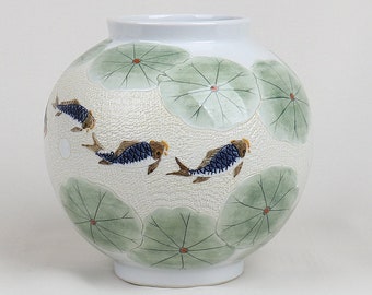 Handmade Korean Baekja Porcelain Moon Jar with Stippling Inlaid Fish and Lotus Leaves
