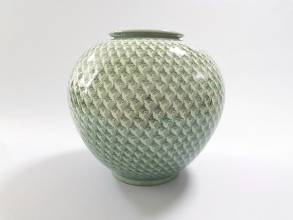 手作りの韓国陶磁器象嵌青磁（상감 청자）月瓶 - 千羽鶴、高麗、伝統