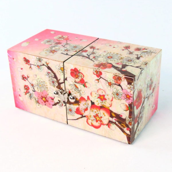 Handmade Korean Wooden Najeon Chilgi Jewelry Box Inlaid with Nacre, Mother of Pearl - Pink Plum Blossoms