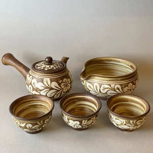 Handmade Korean Ash Glaze Vine Pattern Tea Set for 3 with Gift Box, Kyusu Teapot, Gong Fu Cha, Tea Ceremony