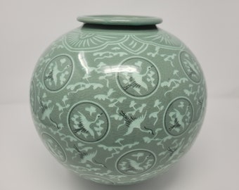 Handmade Korean Inlaid Celadon (상감 청자) Ceramic Jar - Cranes & Clouds, Traditional Pottery, Home Decor, Moon Jar