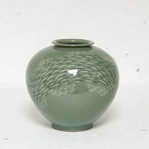 Handmade Korean Ceramic Inlaid Celadon (상감 청자) Moon Jar - School of Fish, Goryeo, Traditional, Home Decor