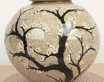 Handmade Korean Buncheong Moon Jar with Plum Tree