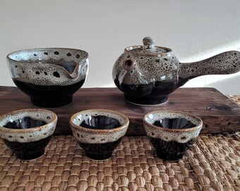 Handmade Korean Chunmok (Tenmoku) Ceramic Tea Set for 3 - Leopard Patterns, Teapot, Pitcher, Cups, Gong Fu Cha, Tea Ceremony