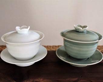Handmade Korean Baekja Porcelain & Chungja Celadon Gaiwan Teapot with Plum Flower