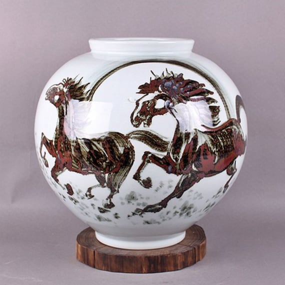 手作り韓国白磁月壺 鉄絵付 2頭の馬 - Etsy 日本