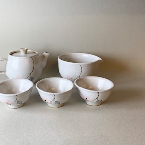 Handmade Korean Matte White Porcelain Tea Set with Flower Painting for 3, Kyusu Teapot, Gong Fu Tea