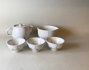 Handmade Korean Matte White Porcelain Tea Set with Flower Painting for 3, Kyusu Teapot