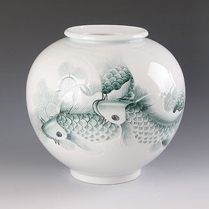 Handmade Korean Baekja Porcelain Moon Jar with Fish