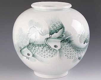Handmade Korean Baekja Porcelain Moon Jar with Fish