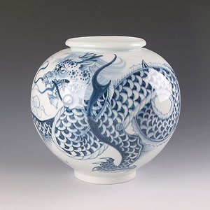 Handmade Korean Baekja Porcelain Moon Jar with Chung Hwa Dragon Painting, Year of Blue Dragon