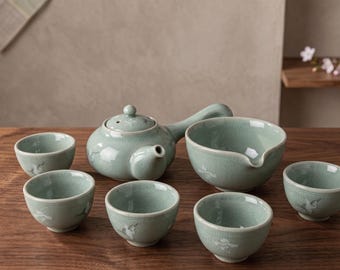 手作りの韓国製青磁茶器セット（3人用または5人用）：雲鶴柄、工夫茶