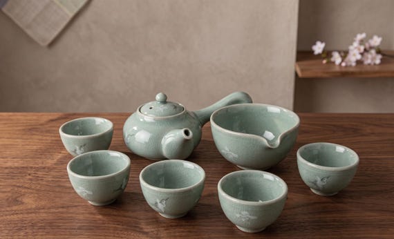手作りの韓国製青磁茶器セット（3人用または5人用）：雲鶴柄、工夫茶