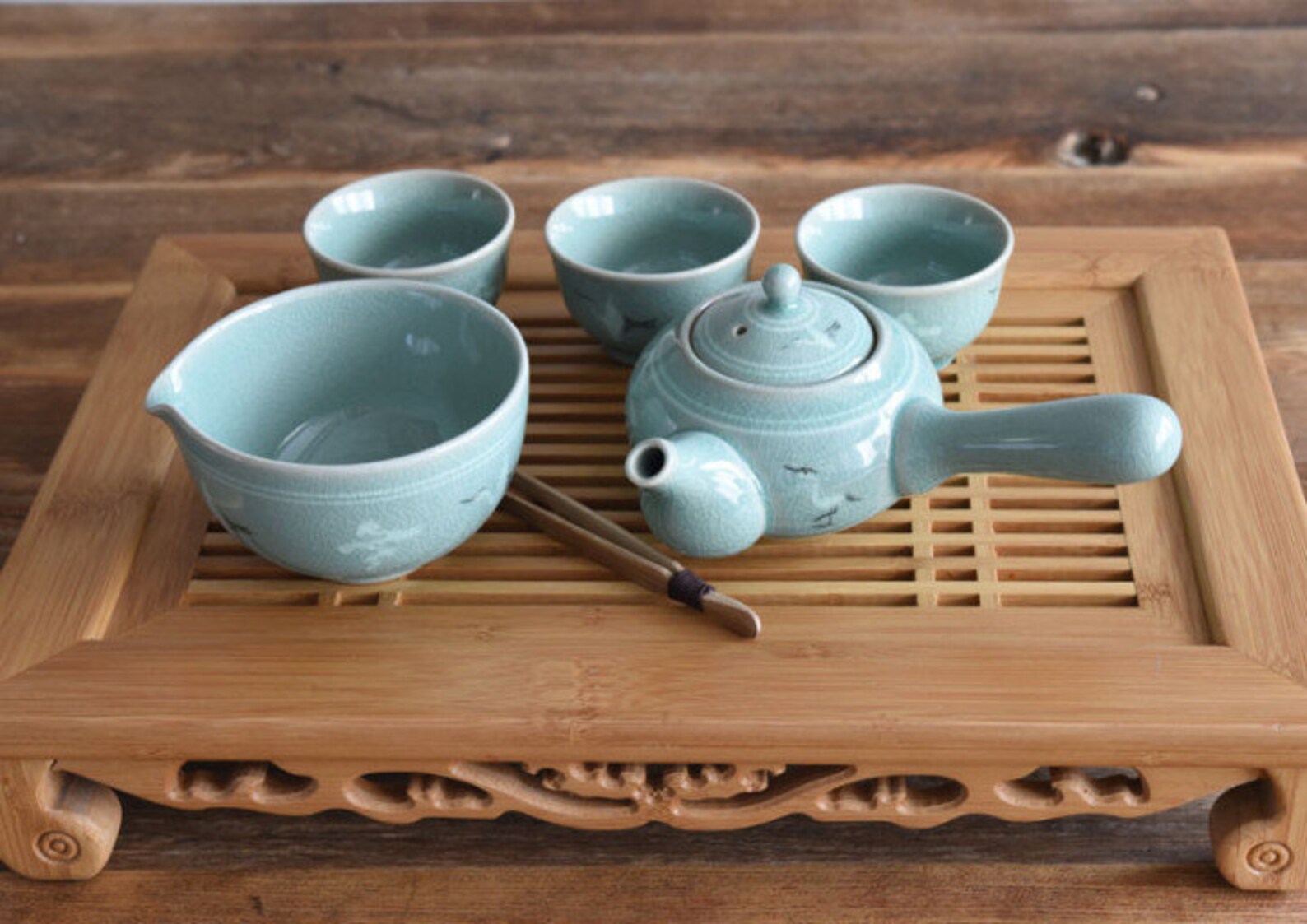 Handmade Korean Celadon Tea Set for 3 with Gift Box Clouds Etsy