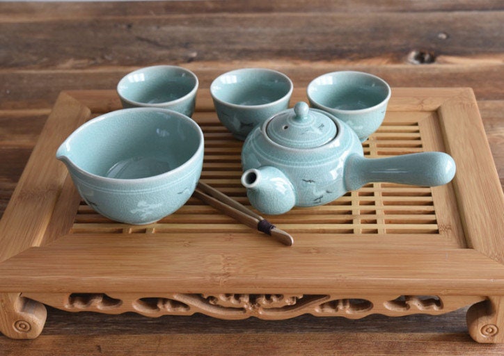Handmade Korean Celadon Tea Set for 3 with Gift Box Clouds and Cranes
