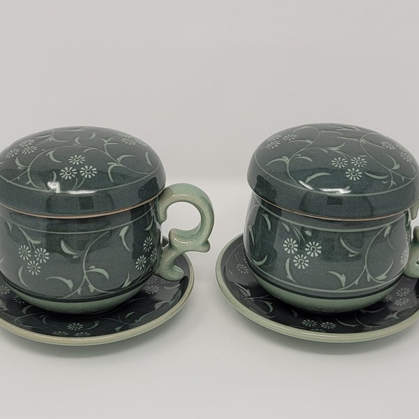 Handmade Korean Dark Inlaid Celadon Infuser Set for 2 - Chrysanthemum, Tea Cup, Strainer, Lid, Saucer, Gong Fu Cha, Ceramic, Tea Ceremony