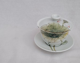 Handmade Korean Baekja Porcelain Hand-Painted Lotus Flower Gaiwan Teapot