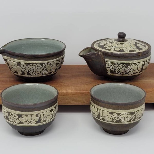 Handmade Korean Fish Pattern Inlaid Buncheong Ceramic Tea Set for 2, Shiboridashi Teapot, Tea Pitcher, Tea Cups, Gong Fu Tea Ceremony