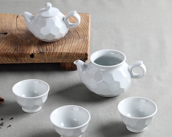 Handmade Korean Carved Baekja White Porcelain Ceramic Tea Set for 3, Gong Fu Tea Pot, Tea Ceremony