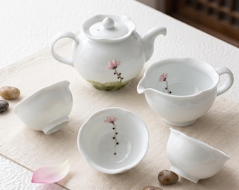 Handmade Korean Baekja White Porcelain Lotus Tea Set