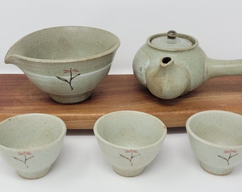 Handmade Korean Gwiyal (Hakeme) Buncheong Tea Set for 3 with Gift Box - Wild Flower, Kyusu Teapot