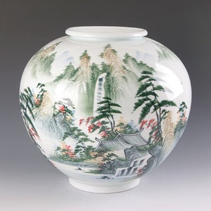 Handmade Korean Baekja Porcelain Moon Jar with Landscape Painting (산수화), Traditional, Home Decor