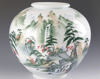 Handmade Korean Baekja Porcelain Moon Jar with Landscape Painting (산수화), Traditional, Home Decor