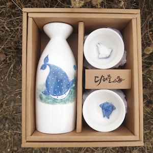 Handmade Hand-Painted Korean Chunghwa Baekja White Porcelain Sake Set - Whale Shark, Pitcher & Cups, Soju, Makkoli