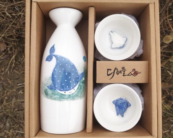 Handmade Hand-Painted Korean Chunghwa Baekja White Porcelain Sake Set - Whale Shark, Pitcher & Cups, Soju, Makkoli