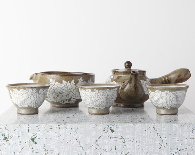 Handmade Buncheong Tea Set: Korean Peony Teapot, Gong Fu Cha