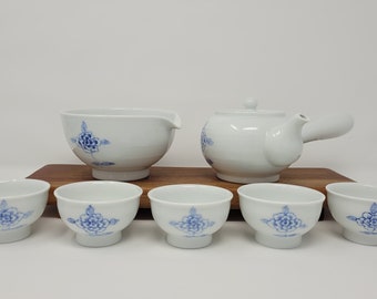 Handmade Korean Chunghwa Baekja White Porcelain Tea Set for 5 - Peony Flowers, Gong Fu Tea