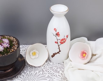 Handmade Hand-Painted Korean Baekja White Porcelain Sake Set - Plum Blossom